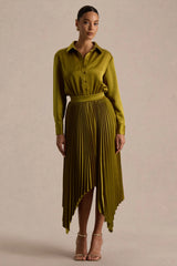 Naxos | Olive Satin Shirt Maxi Dress With Pleated Skirt