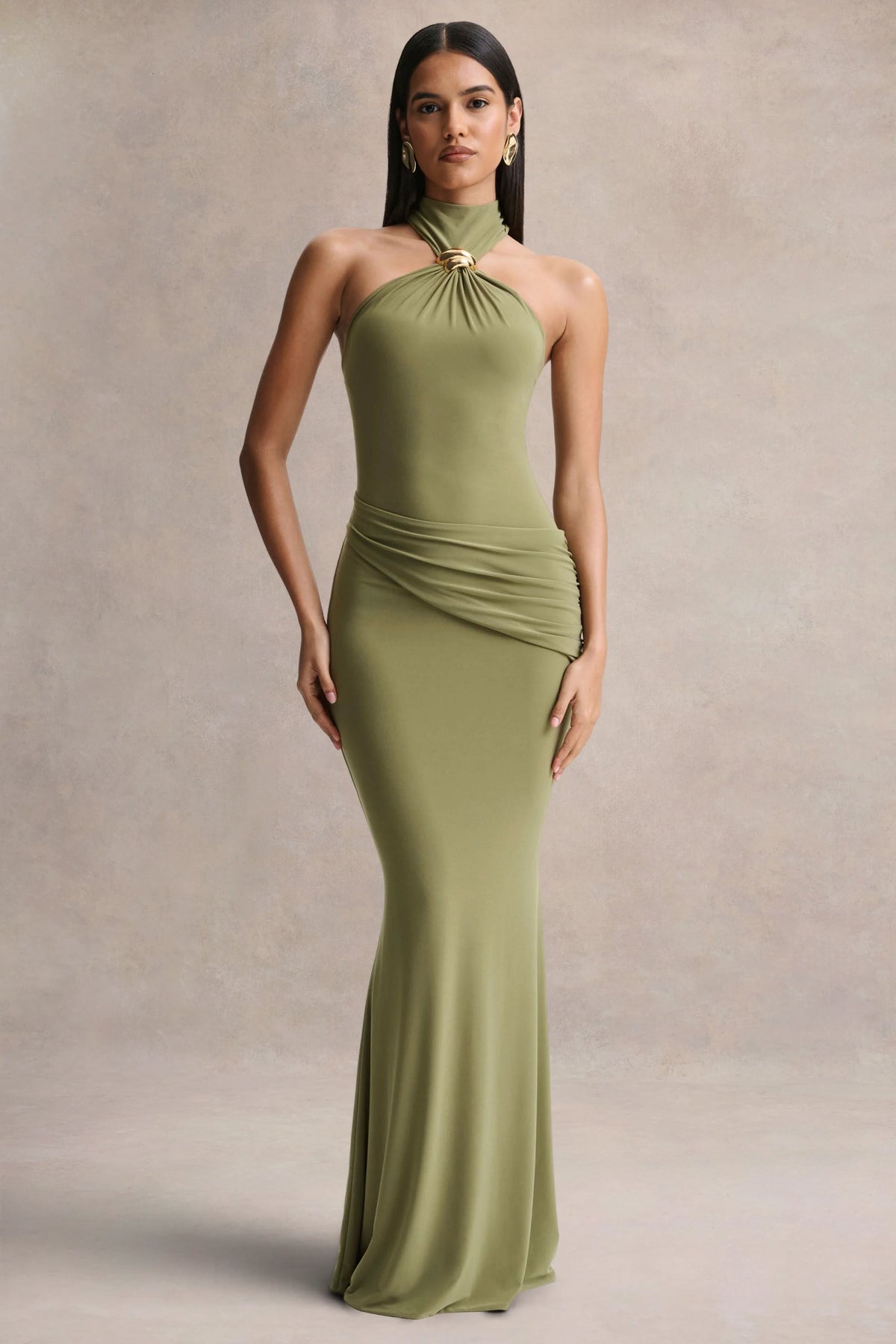 Polina | Olive High-Neck Maxi Dress With Drape And Gold-Detail