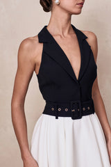 Alessa | Black & White Plunge-Neck Tailored Midi Dress