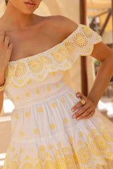 Andrea | Lemon and White Broderie Ruffled Bardot Mini Dress