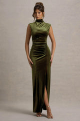 Abilene | Olive Velvet High-Neck Split Maxi Dress
