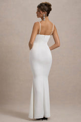 Rumi | White Satin Strappy Maxi Dress With Velvet Bow