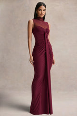 Brialle | Burgundy High-Neck Maxi Dress With Mesh And Gathered-Detailing