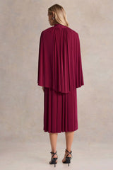 Honora | Burgundy High-Neck Midi Dress With Cape-Sleeves