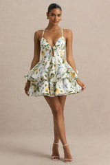 Flavia | White Botanical Print Plunge-Neck Ruffled Skater Micro-Mini Dress