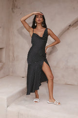 Dotted Moment Satin Polka Dot Midi Dress Black