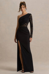 Melody | Black Asymmetric-Neck Maxi Dress With Lace Detailing And Front-High Split
