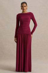 Aniyah | Burgundy Slashed-Neck Maxi Dress With Ruched Detailing