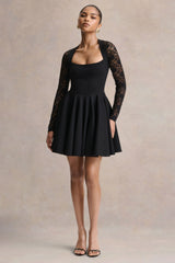 Elowen | Black Square-Neck Mini Dress With Lace-Sleeves