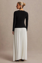 Monroe | Black And White Crew-Neck Maternity Maxi Dress With Drop-Waist