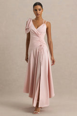 Julieta | Baby Pink Asymmetric-Neck Maxi Dress With Bow Detail And Open-Back