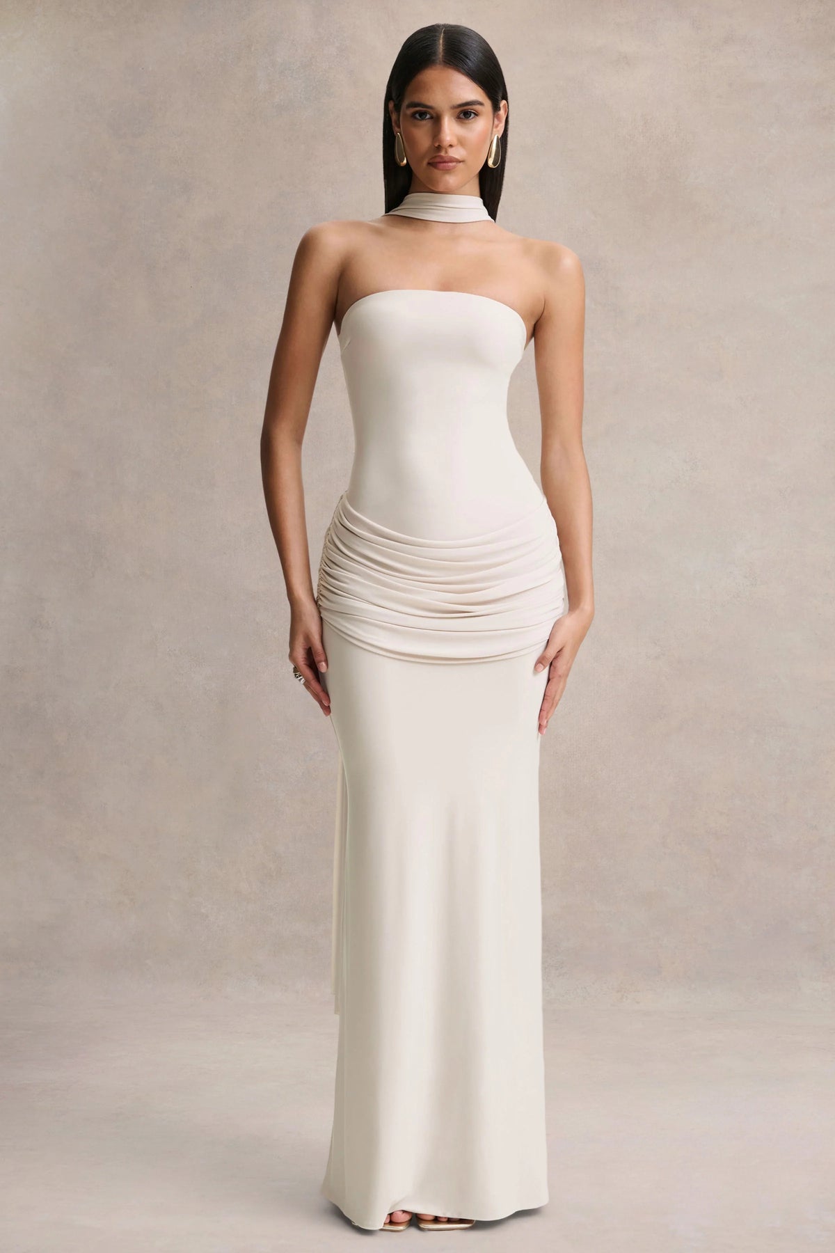 Graciella | Stone Bandeau Maxi Dress With Draped Detailing And Scarf