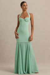 Kirby | Sage Corset Halter-Neck Maxi Dress With Sheer Detail