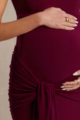 Baylin | Burgundy Square-Neck Maternity Maxi Dress With Ruched Detailing And Sash