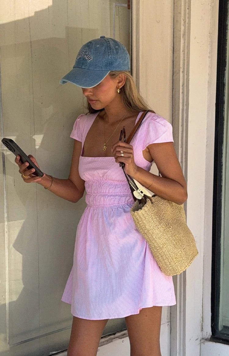 Clairo Light Pink Stripe Cap Sleeve Mini Dress