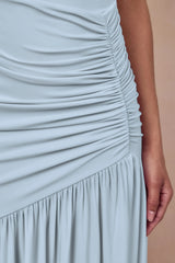 Kady | Powder Blue Asymmetric-Neck Maxi Dress With Ruched Detailing