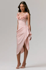 Letitia | Pale Pink Square-Neck Floral Detailed Wrap Midi Dress