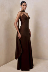 Starling | Brown Satin Plunge-Neck Maxi Dress With Scarf-Detail