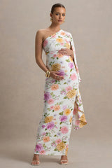 Aliana | Peach And Lilac Floral Print Asymmetric Maternity Maxi Dress With Ruched Detailing