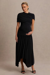 Eleni | Black Crew-Neck Maternity Maxi Dress With Cape-Sleeves And Drop Waist