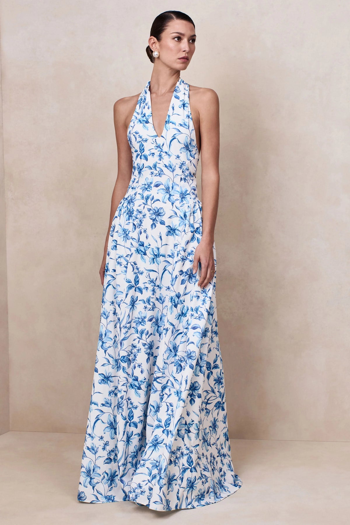 Liana | Blue Porcelain Print Halter-Neck Maxi Dress