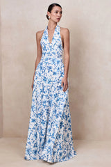 Liana | Blue Porcelain Print Halter-Neck Maxi Dress