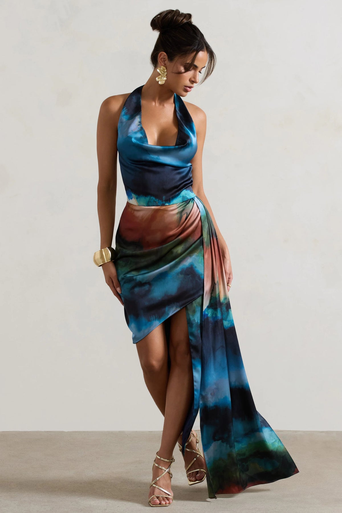 Bali | Blue Blur Print Satin Cowl-Neck Draped Midi Dress
