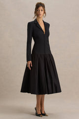 Cosmopolitan | Black Plunge-Neck Tailored Midi Dress With Pleated Hem