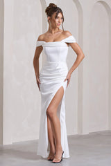 Kimberly | White Bardot  Satin Maxi Dress