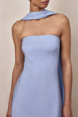 Charly | Powder Blue Satin Bandeau Maxi Dress With Scarf-Detail