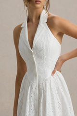 Jezebel | White Lace Plunge-Neck Collared Midi Dress