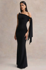 Vista | Black Asymmetric-Neck Maxi Dress With Knot-Sleeve Detail