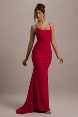 Adele | Red Ruched Fishtail Cami Maxi Dress