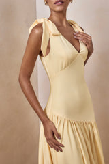 Cala | Lemon Satin Plunge-Neck Maxi Dress With Bow-Sleeves