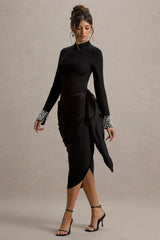 Luanna | Black Satin Long-Sleeve Midi Dress With Draped Skirt And Embellised Cuffs