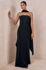 Charly | Black Satin Bandeau Maxi Dress With Scarf-Detail