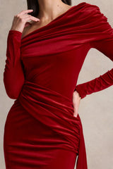 Hadria | Red Velvet Asymmetric-Neck Maxi Dress With Sash-Detail