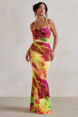 Phantasy | Lime Print Asymmetric Neckline Cowl Maxi Dress