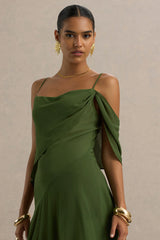 Tiara | Green Asymmetric Midi Dress With Draping Detailing and Open-Back