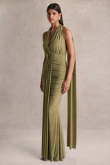 Roselani | Olive Halter-Neck Maxi Dress With Open-Back