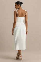 Agua | Cream Satin Sweetheart Midi Dress With Pleated Skirt