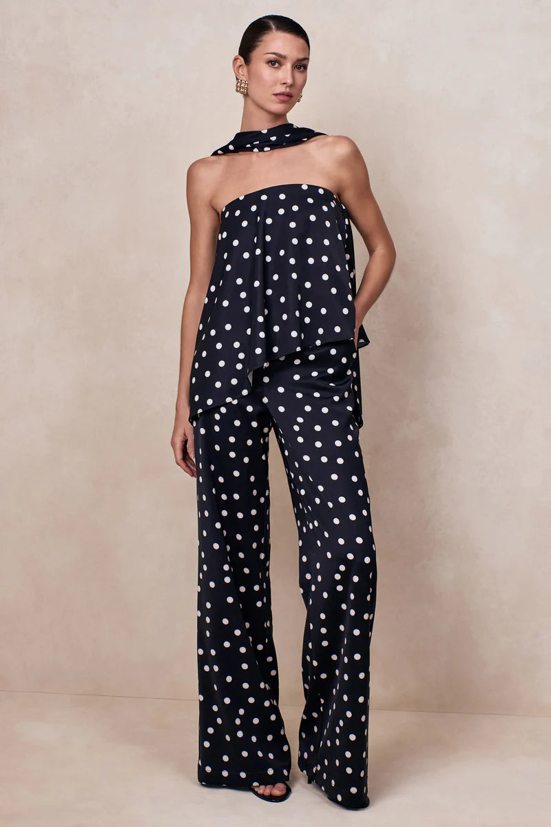 Seloria | Black & White Satin Polka Dot Wide-Leg Trouser