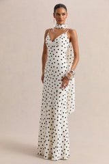 Starling | White & Black Polka Dot Satin Plunge-Neck Maxi Dress With Scarf-Detail
