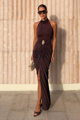 Horizon | Brown High-Neck Maxi Dress With Draped Detailing