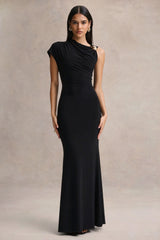Blaire | Black Asymmetric-Neck Maxi Dress With Gold-Detailing