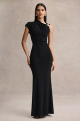 Blaire | Black Asymmetric-Neck Maxi Dress With Gold-Detailing
