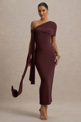Praia | Chocolate Brown Asymmetric-Neck Midi Dress With Sash and Draped Detailing