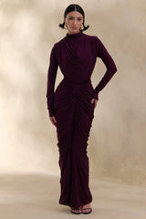 Harmona | Dark Plum High-Neck Maxi Dress With Gathered And Draped-Detailing