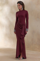 Starred | Burgundy Crew-Neck Maxi Dress With Drop-Waist And Satin Wrap-Skirt