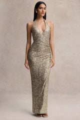 Gio | Champagne Sequin Plunge-Neck Wrap Maxi Dress With Ruched Detailing
